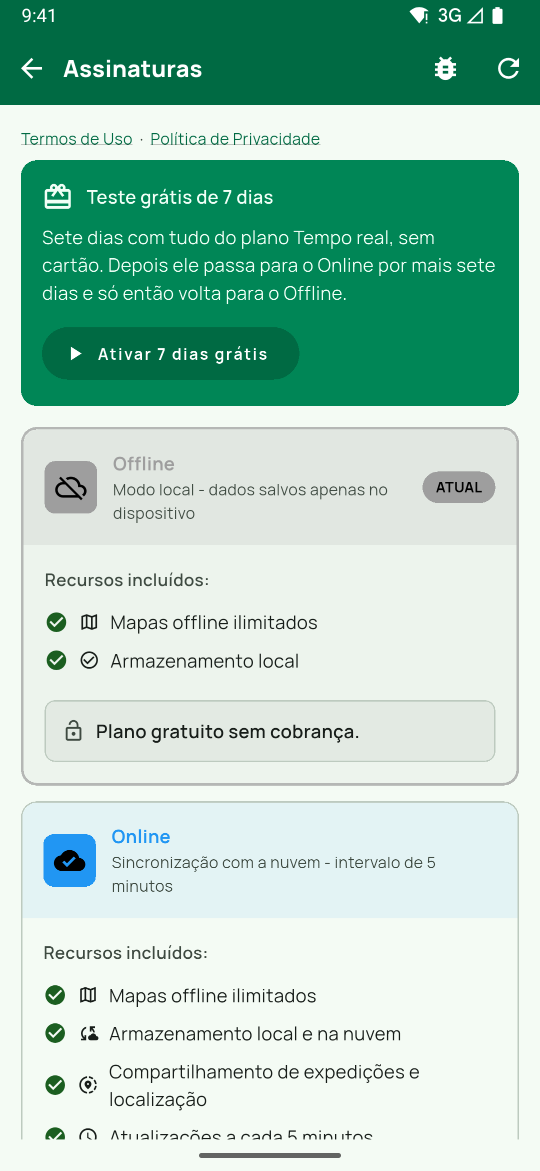 Tela Assinaturas de uma conta no plano Offline que ainda pode ativar o teste: o cartão Teste grátis de 7 dias com Ativar 7 dias grátis, acima dos planos. Ilustra o Teste grátis de 