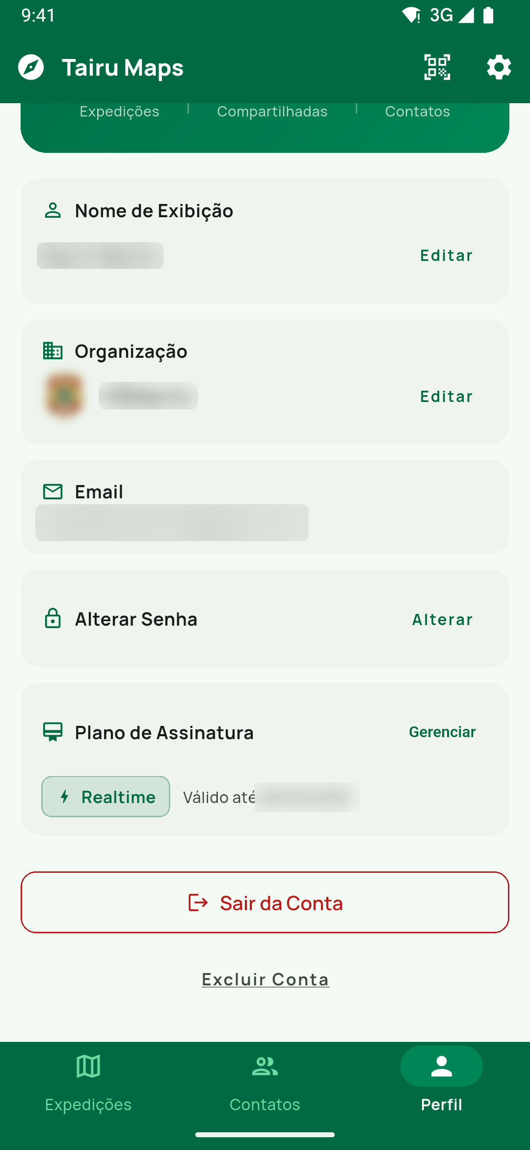 Perfil com o bloco Plano de Assinatura, o selo do plano atual (Realtime) e o link Gerenciar.