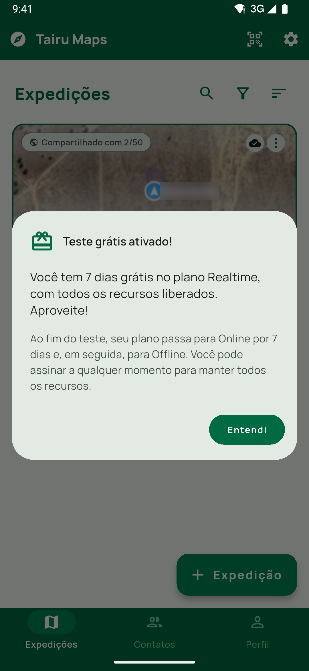 O aviso Teste grátis ativado!, depois de Ativar. Ilustra o Teste grátis de 7 dias.