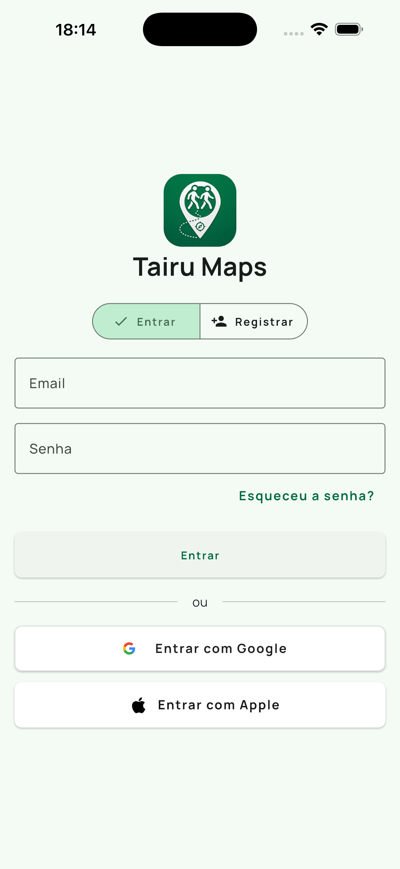 Tela de login do Tairu Maps com campos de e-mail e senha, botões Entrar com Google e Entrar com Apple, e toggle Entrar/Registrar
