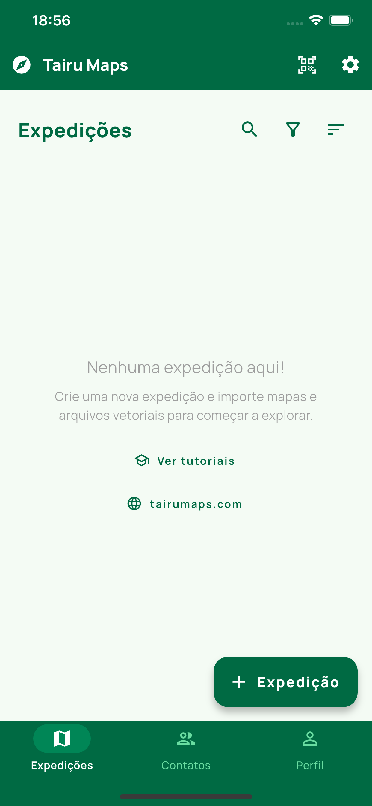 Aba Expedições vazia no Tairu Maps, mostrando os links Ver tutoriais e tairumaps.com e o botão + Expedição