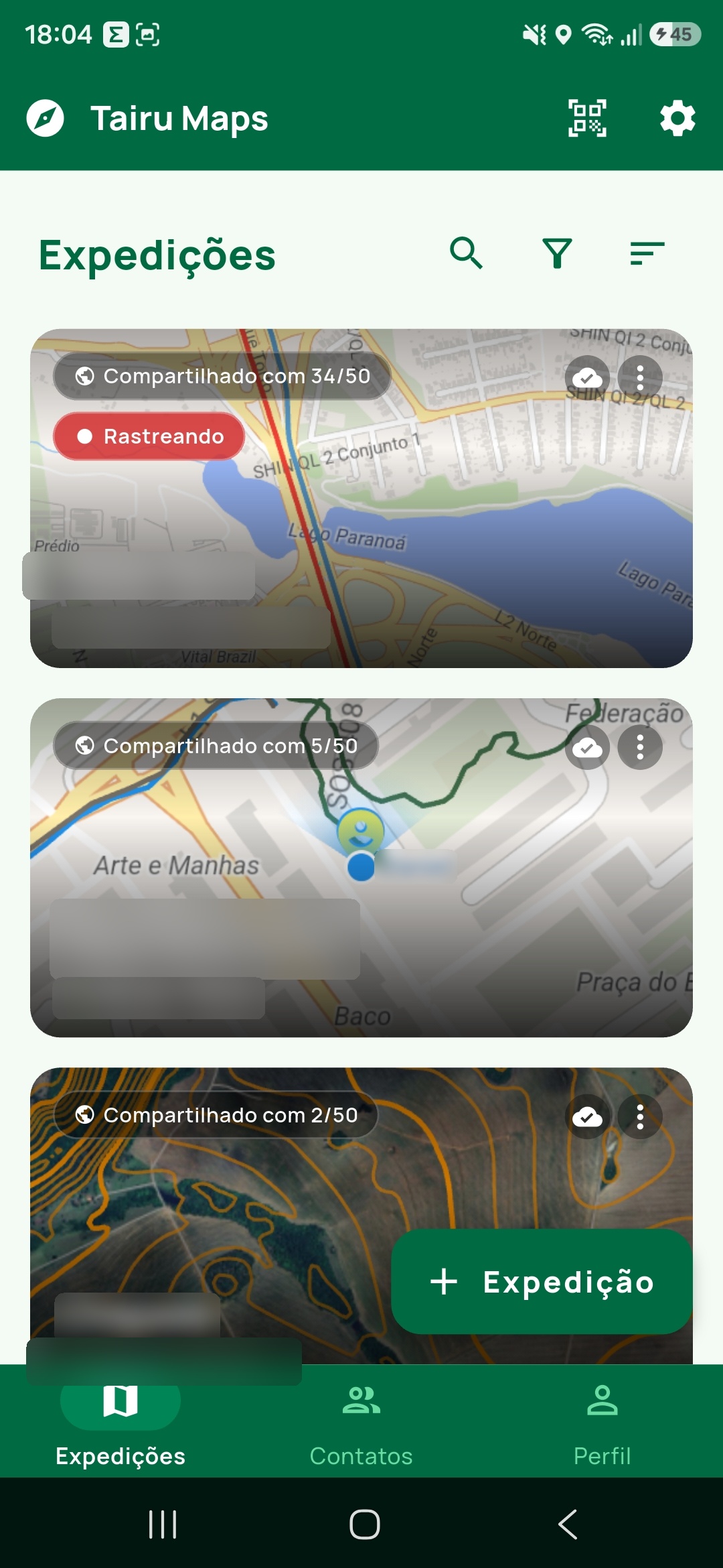 Tela principal do Tairu Maps na aba Expedições, mostrando cards de expedições com filtros, badges de plano e barra de navegação inferior