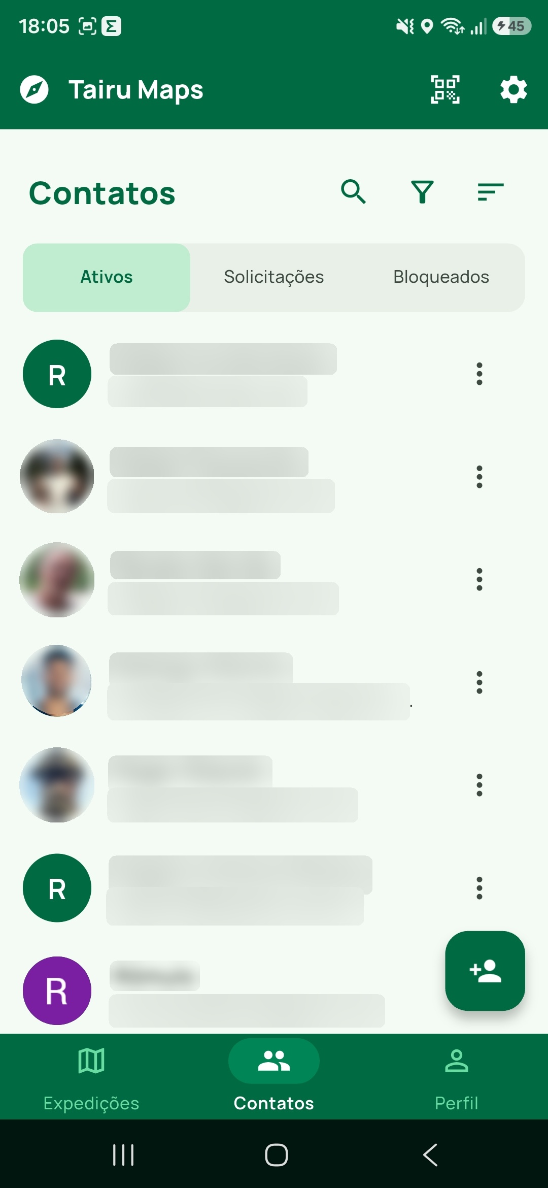 Aba Contatos no Tairu Maps com lista de contatos ativos e barra de navegação inferior