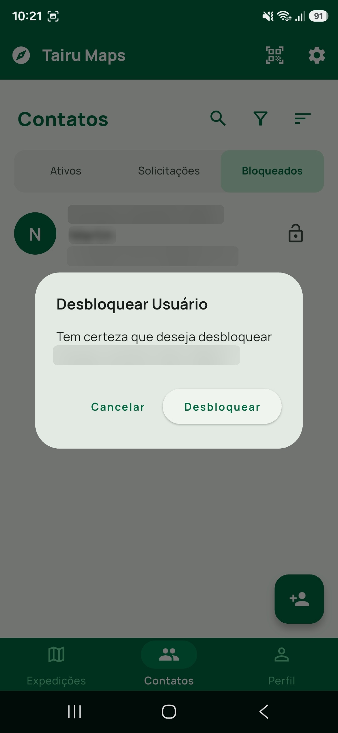 Diálogo Desbloquear Usuário, com Cancelar e Desbloquear.