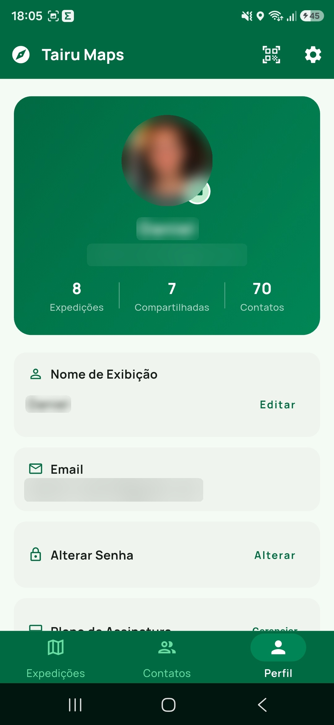 Topo da aba Perfil no Tairu Maps com foto de perfil, nome de exibição e contadores de expedições e contatos