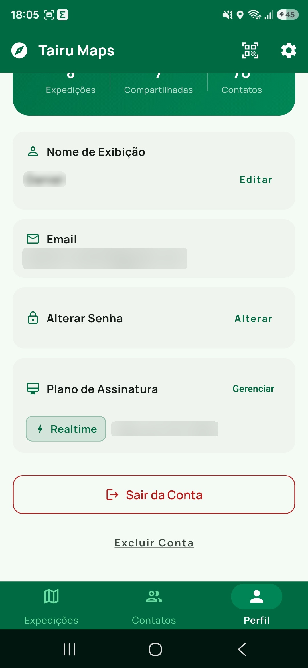 Bloco Plano de Assinatura no Perfil do Tairu Maps, mostrando o plano vigente e os botões Gerenciar, Sair da conta e Excluir conta