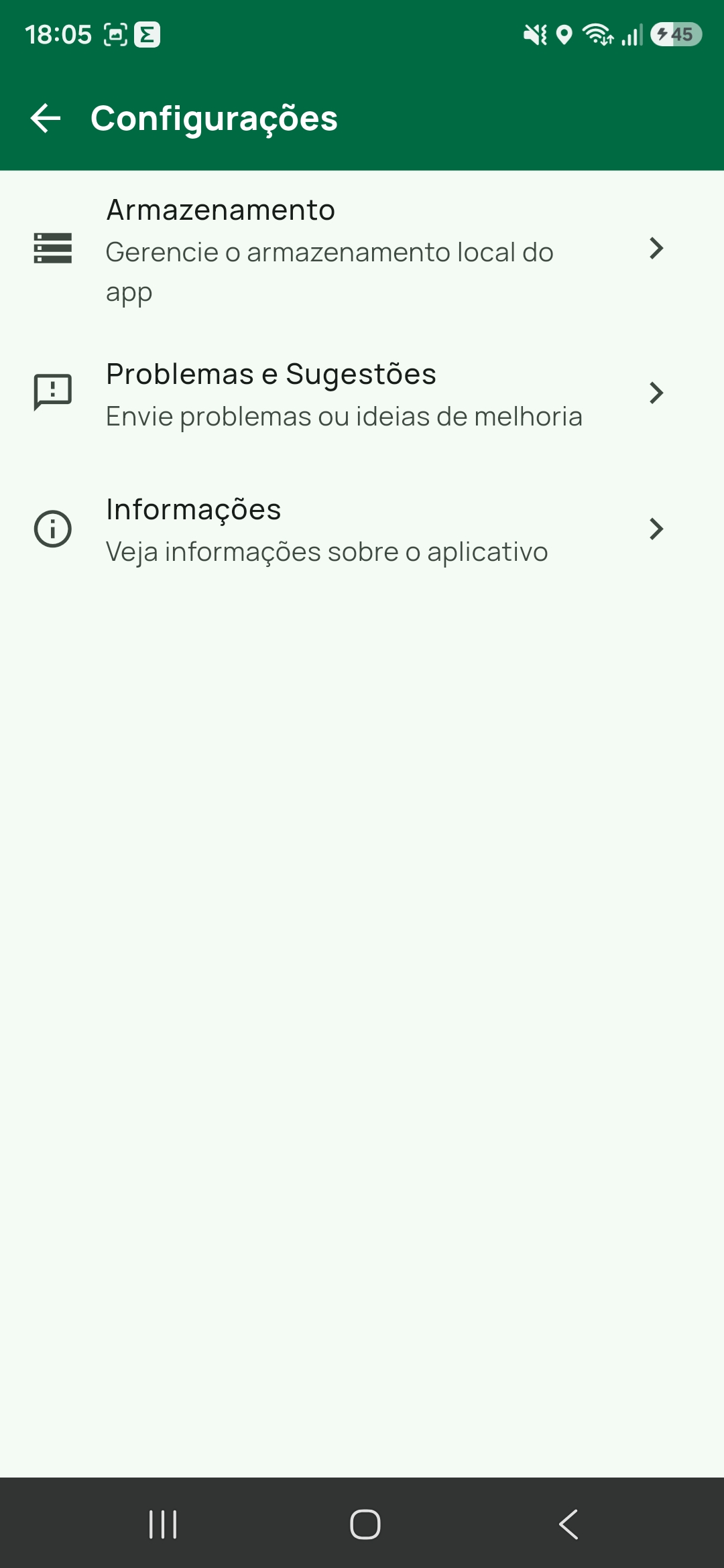 Tela de Configurações do Tairu Maps com as opções Armazenamento, Reportar problema e Informações e atualizações