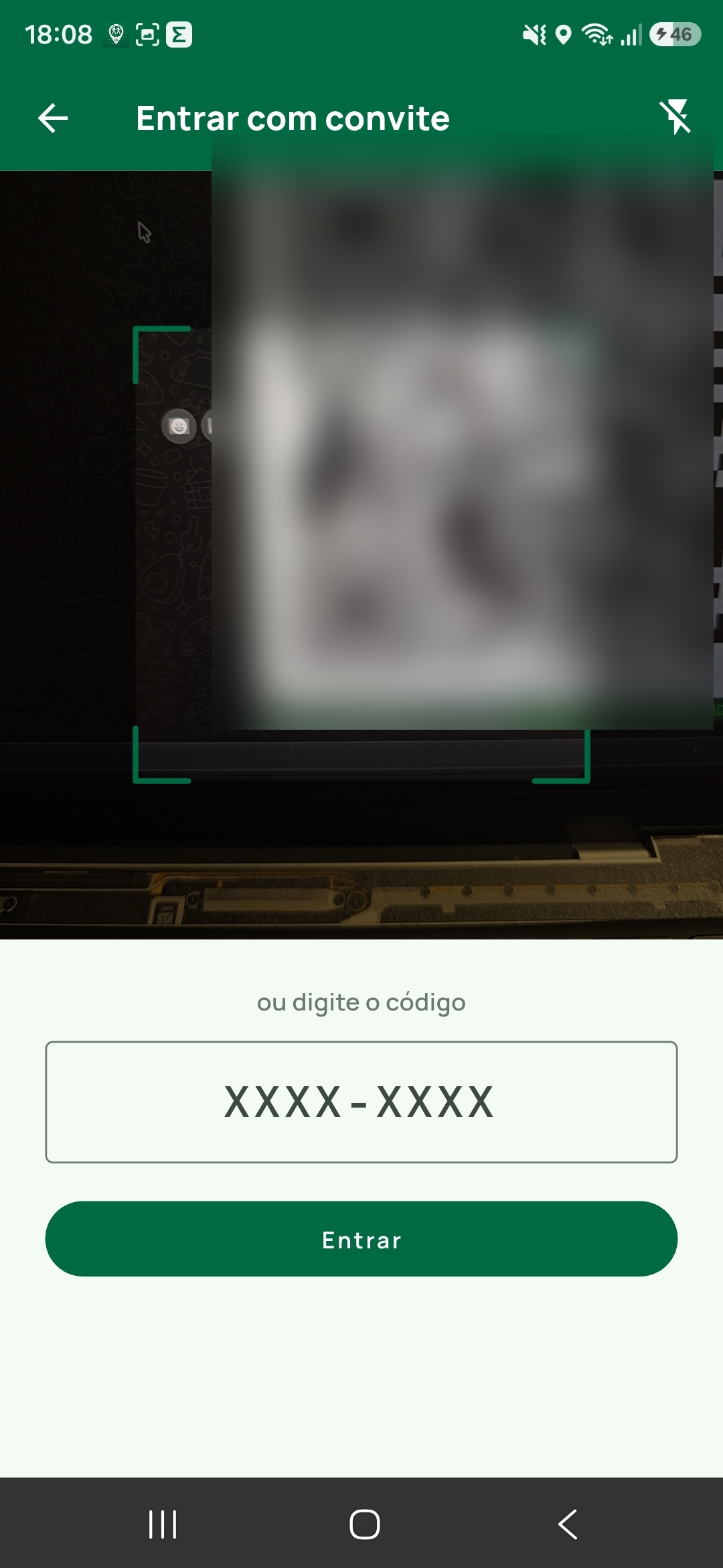 Tela do Leitor QR Code no Tairu Maps com visor de câmera, campo para colar código e botão Entrar