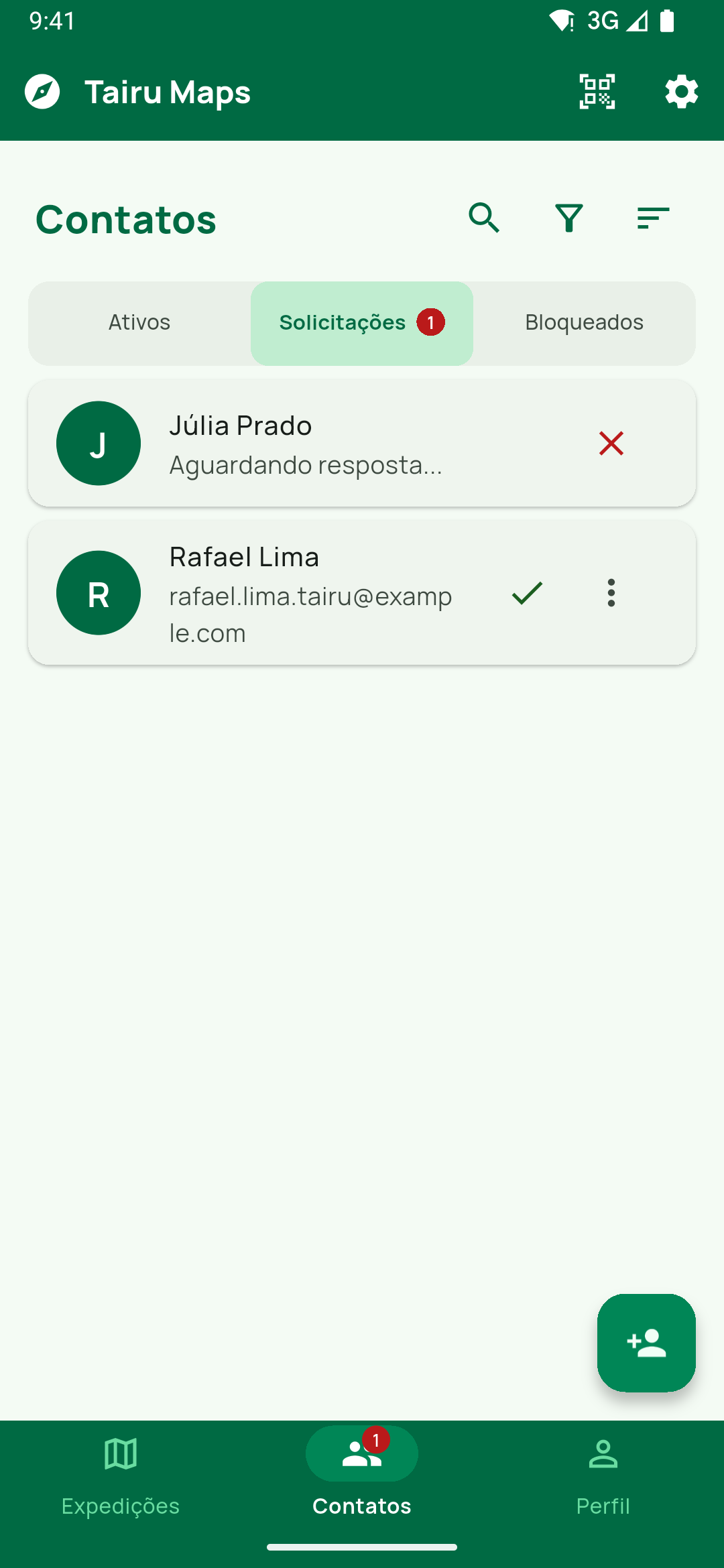 Aba Solicitações com os dois tipos de pedido: um enviado (Aguardando resposta... e o X vermelho de Cancelar Solicitação) e um recebido, com o e-mail de quem pediu, o ✓ de Autorizar