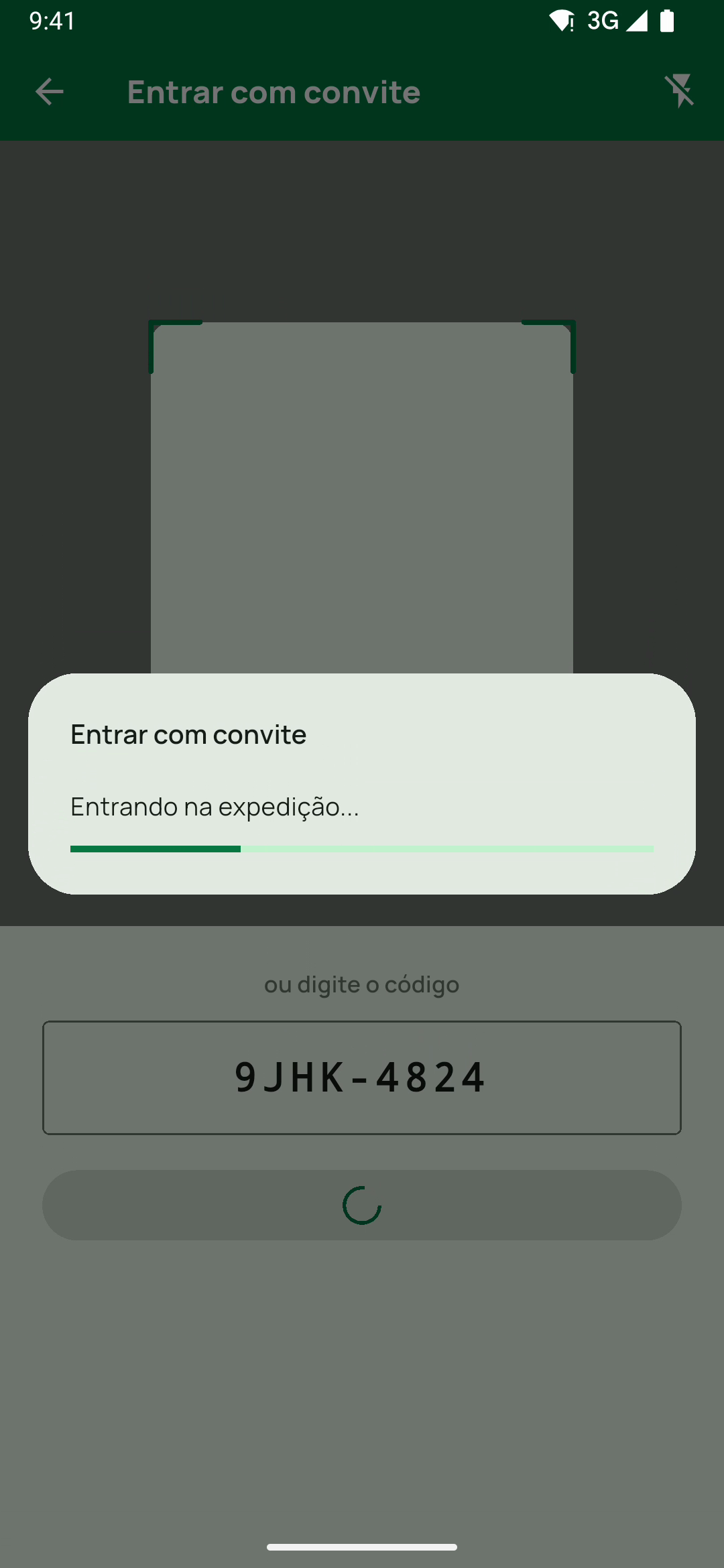 A mesma tela depois de digitar o código e tocar em Entrar: o progresso Entrando na expedição....
