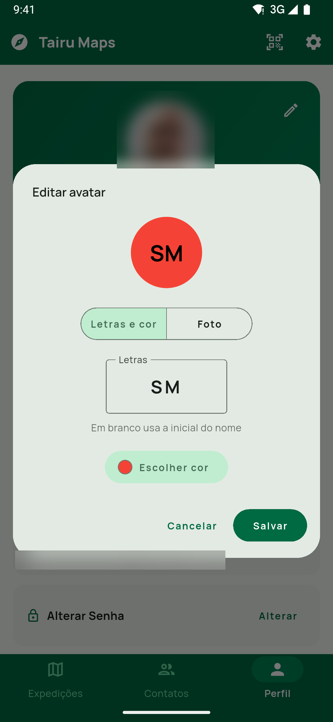 Diálogo Editar avatar em Letras e cor, com o campo Letras (Em branco usa a inicial do nome), Escolher cor e Cancelar / Salvar.