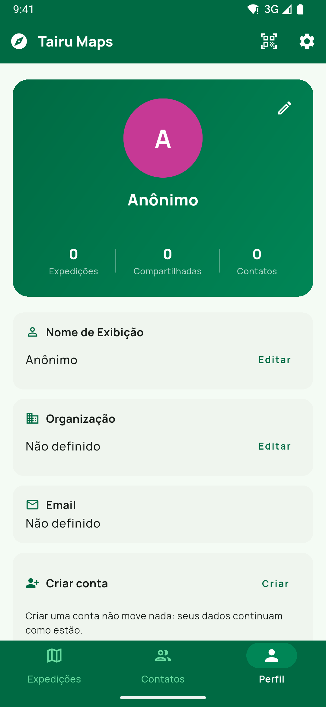 Perfil na sessão sem conta: avatar A, nome Anônimo, Organização e Email como Não definido, e o cartão Criar conta (Criar) no lugar de Alterar Senha.