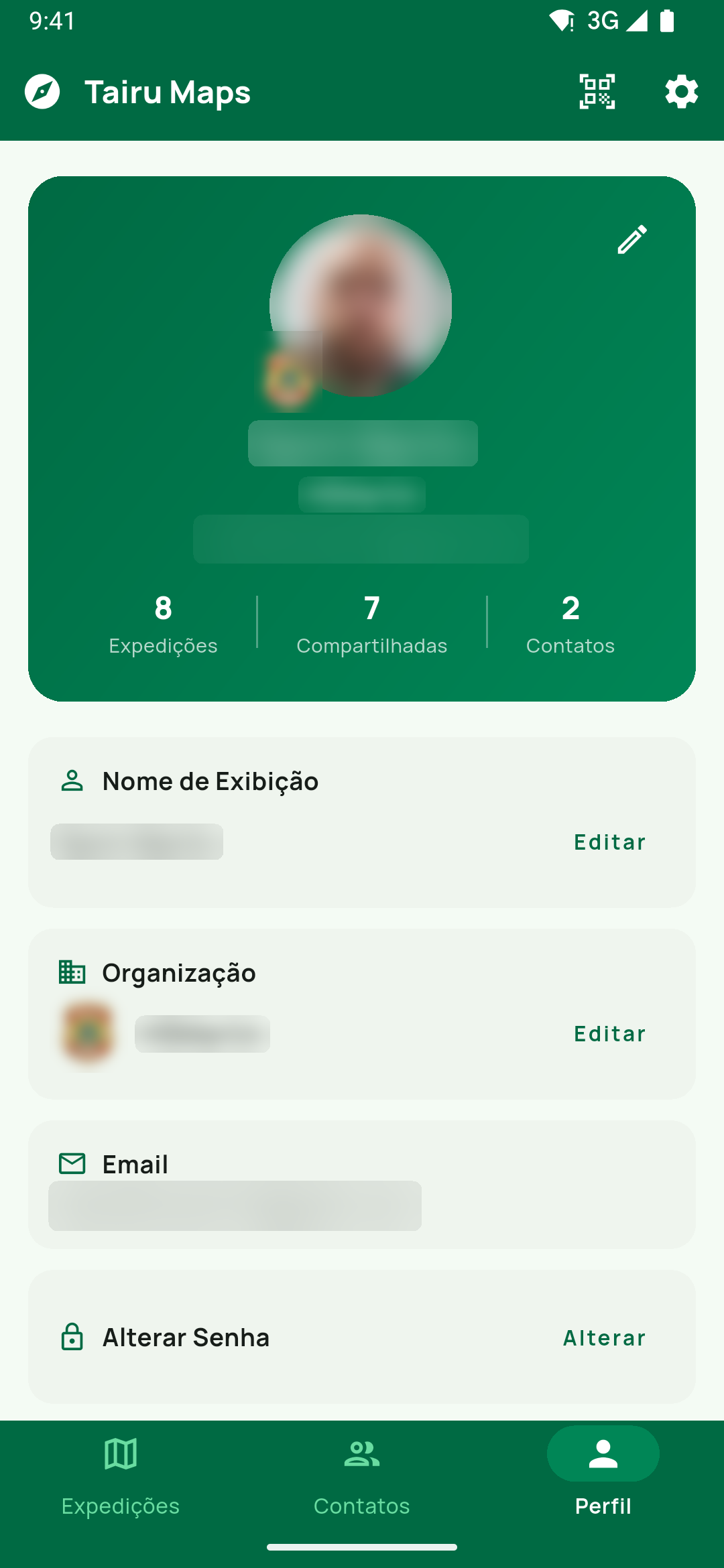 Topo do Perfil: foto com o selo do logo da organização, nome, organização e e-mail, os contadores Expedições / Compartilhadas / Contatos e o lápis no canto do cartão; abaixo, Nome 