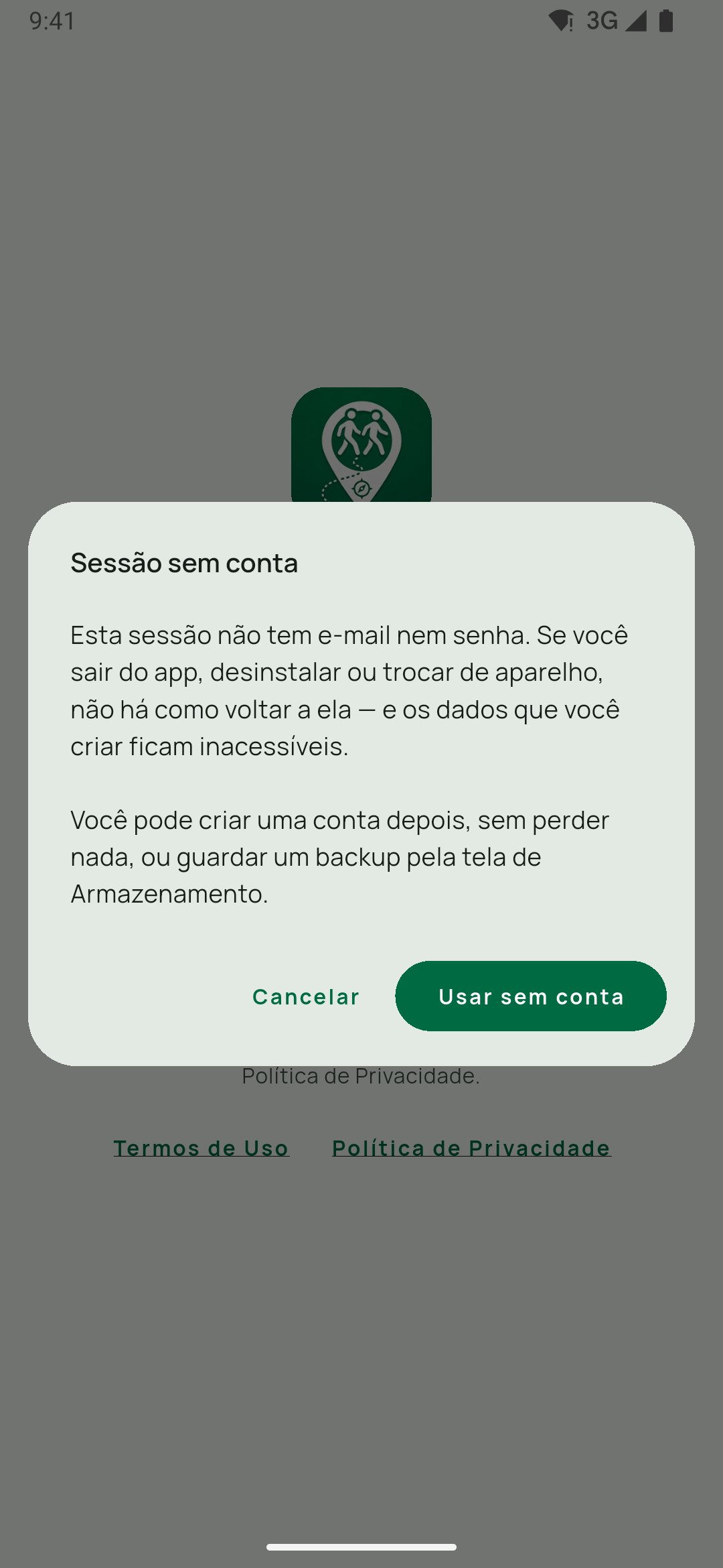 Aviso Sessão sem conta, que explica que a sessão não tem e-mail nem senha, com Cancelar e Usar sem conta.