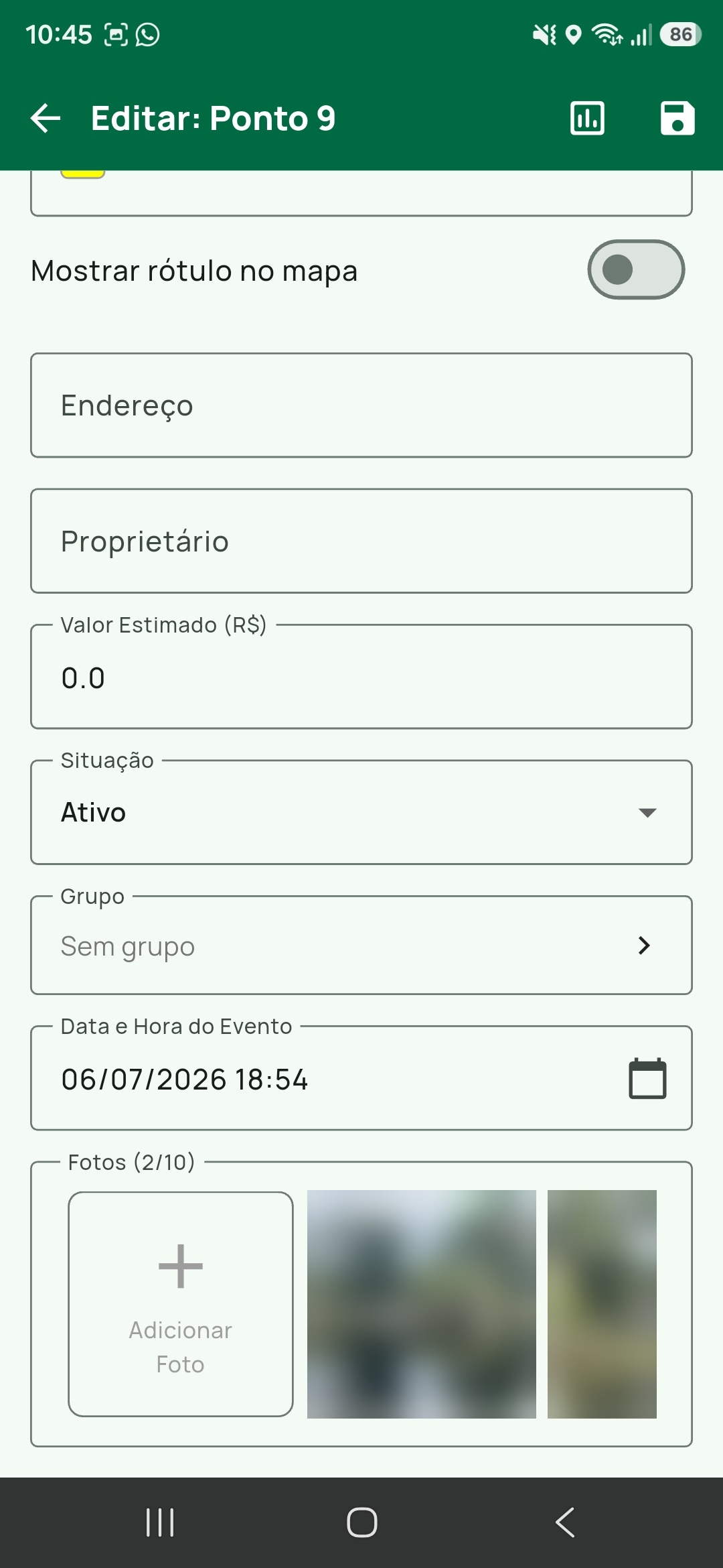 Metade de baixo do formulário de um registro já salvo, mostrando a sequência de campos Situação, Grupo e Data e Hora do Evento e a seção Fotos com duas miniaturas.