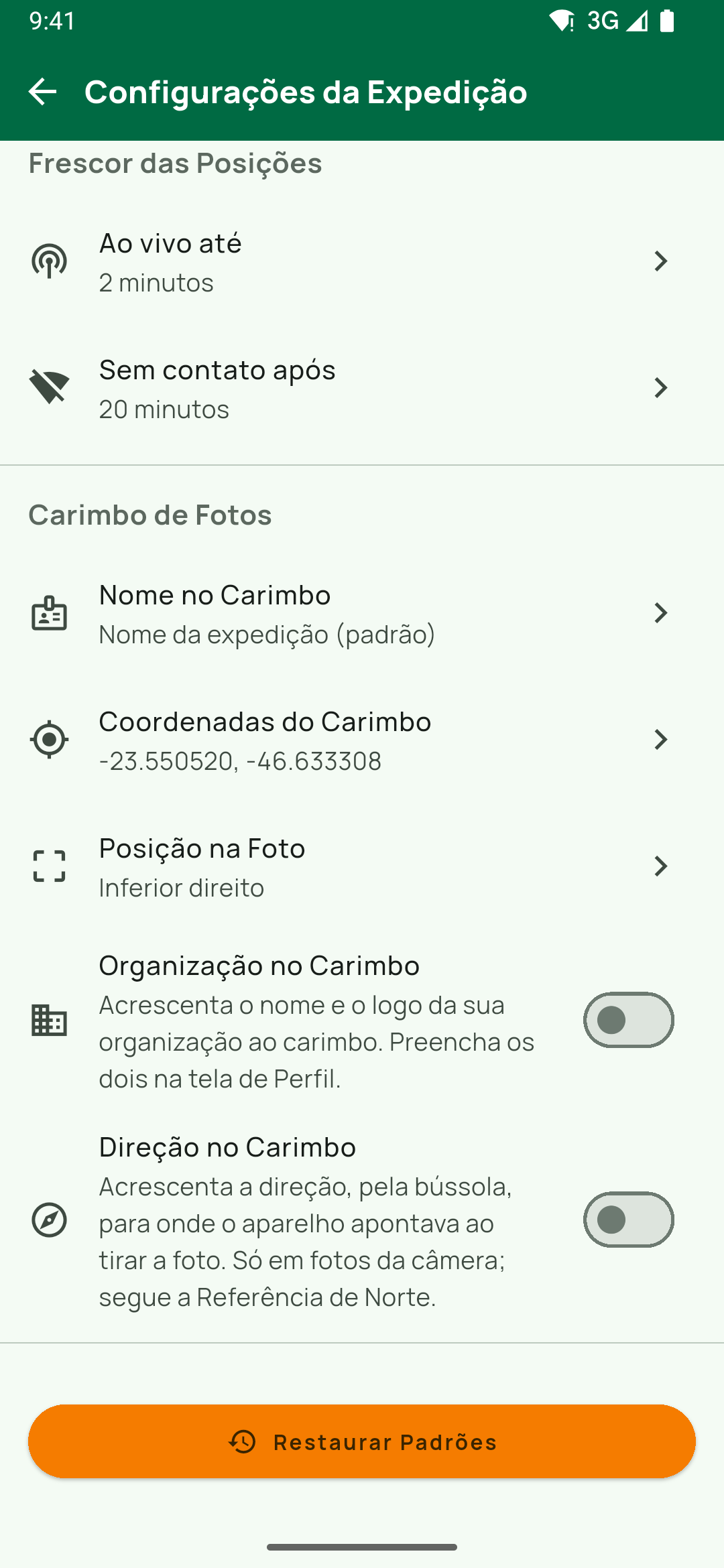 Configurações da Expedição rolada até Carimbo de Fotos: Nome no Carimbo, Coordenadas do Carimbo, Posição na Foto, Organização no Carimbo e Direção no Carimbo. Usado na seção "O car