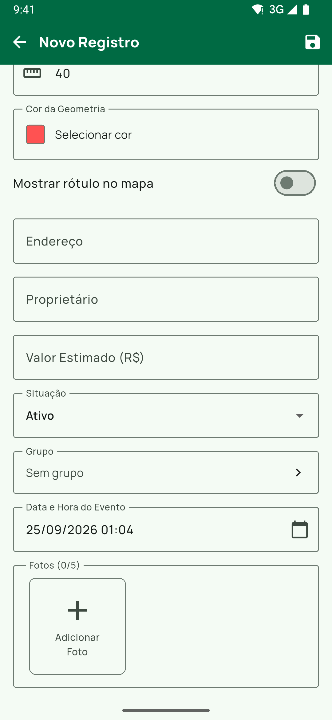 O mesmo formulário antes da foto, rolado até o fim, com Fotos (0/5).