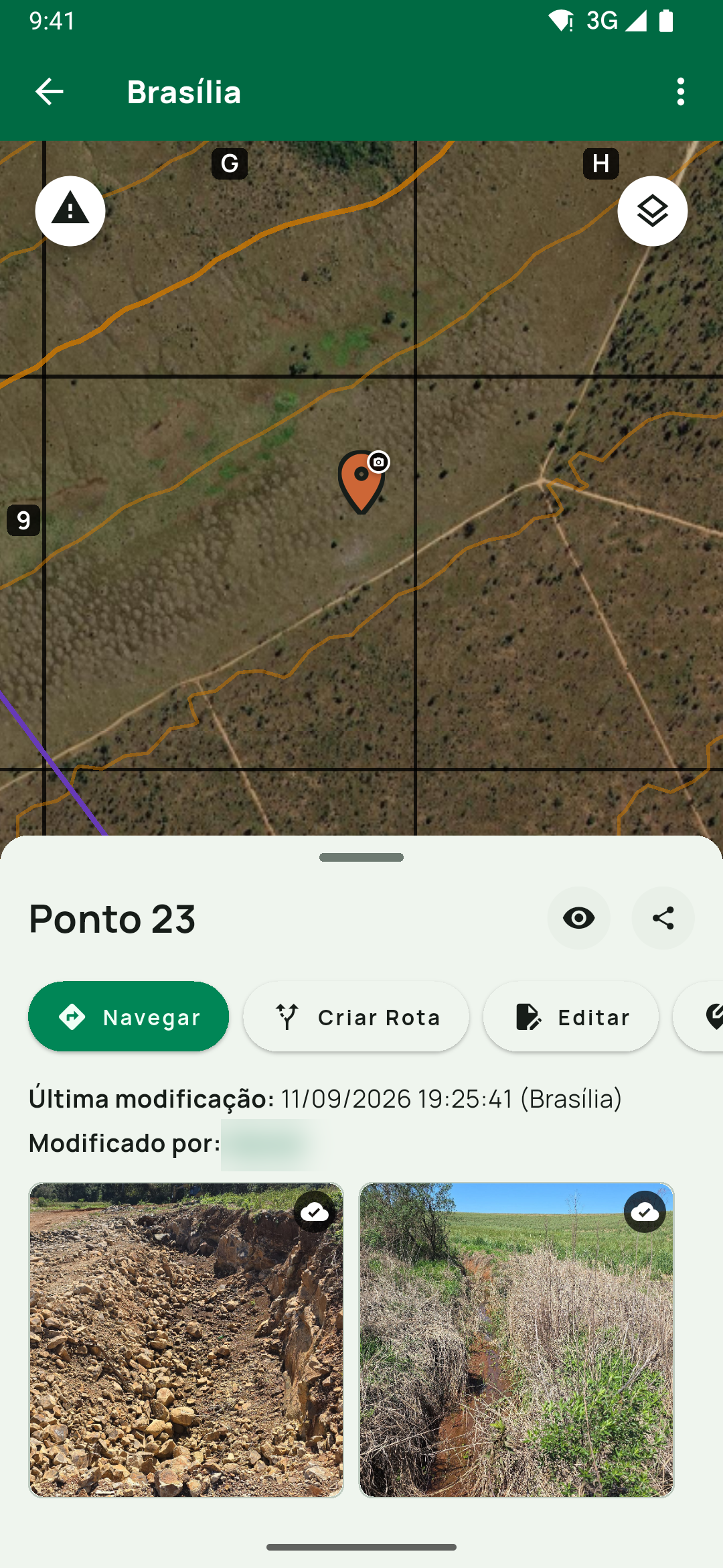 O registro salvo, aberto no mapa: painel com Navegar, Criar Rota e Editar e a faixa de fotos, cada uma com o selo de nuvem.