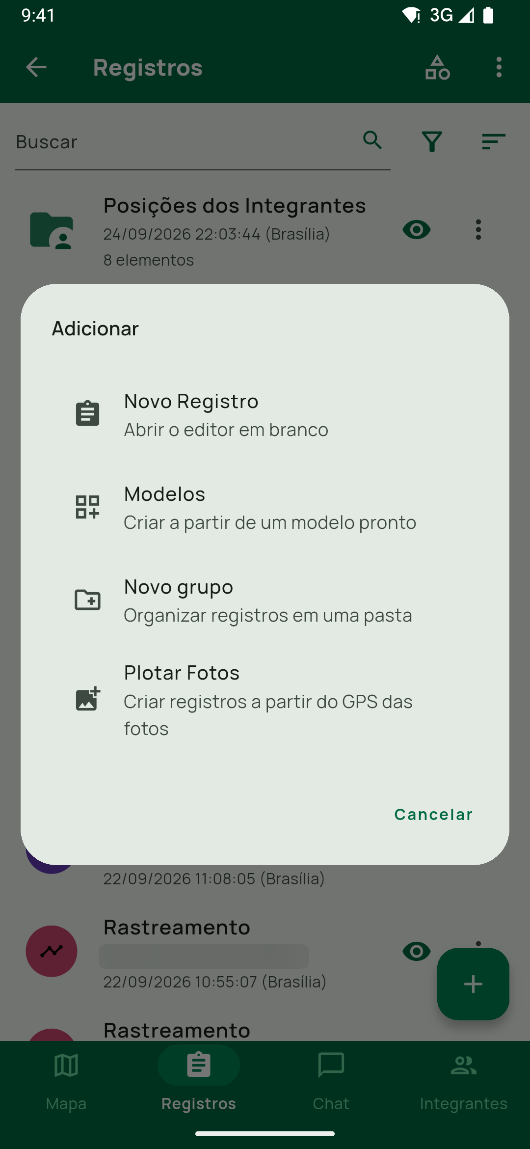 Diálogo Adicionar do + da aba Registros: Novo Registro, Modelos, Novo grupo e Plotar Fotos. Usado no caminho alternativo.