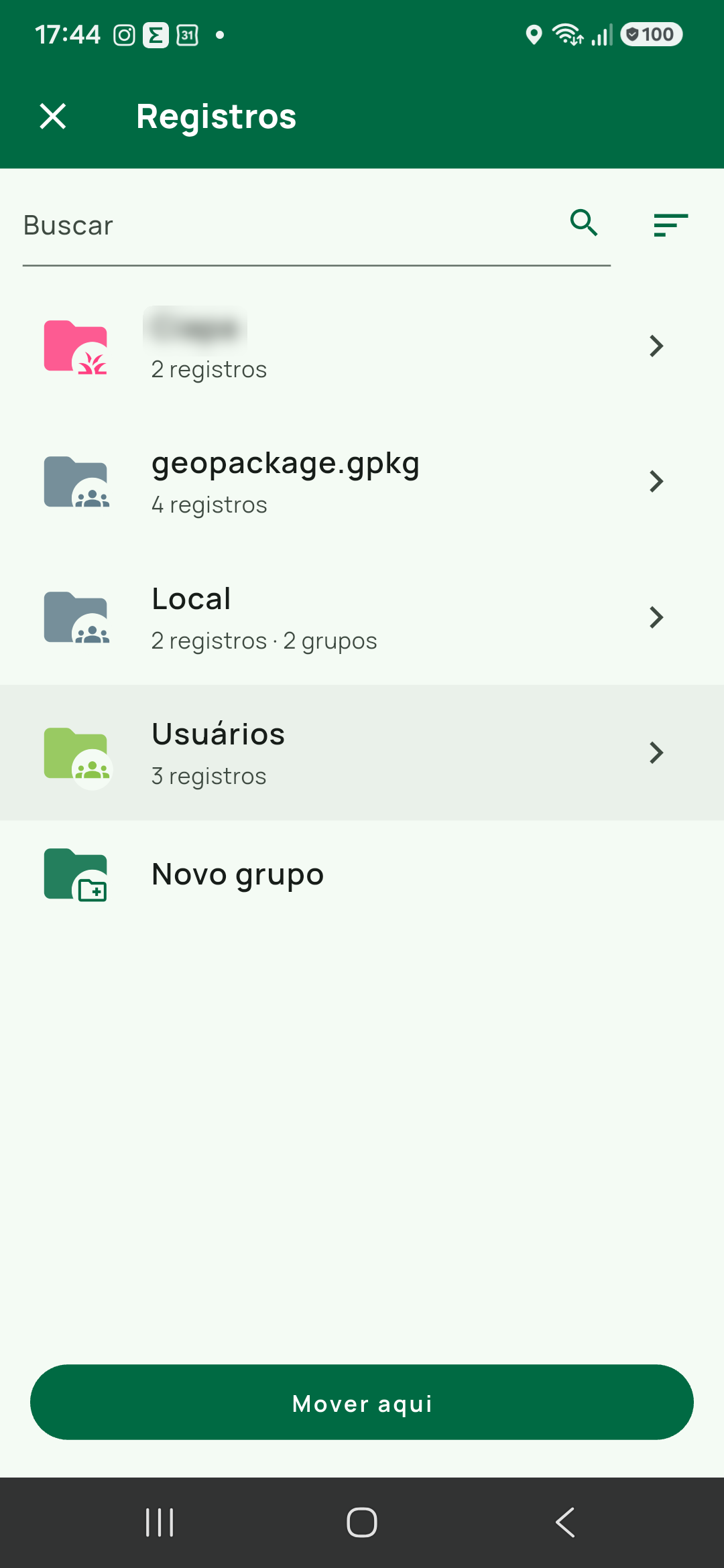 Seletor de grupo aberto a partir do campo Grupo: tela cheia com Registros na barra superior, Cancelar à esquerda, a lista dos grupos da expedição com a contagem de registros de cad