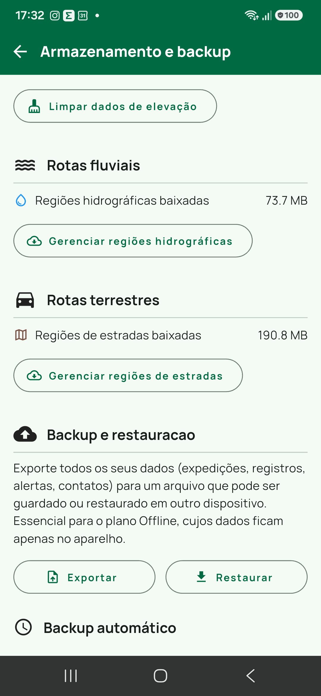 Armazenamento rotas terrestres backup