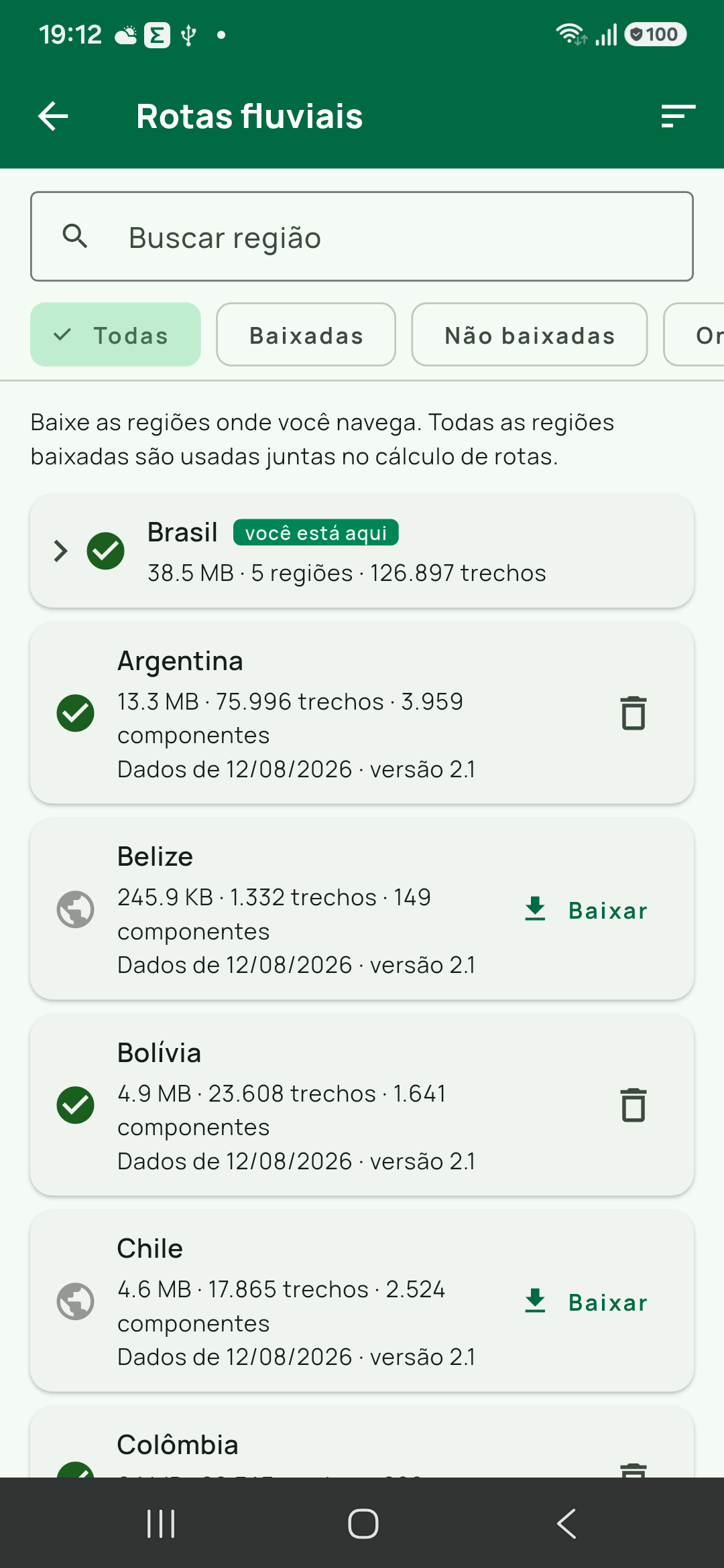 Tela gêmea Rotas fluviais, para a seção de comparação: mesma busca, mesmos chips, mesmo cartão de grupo Brasil, outro conteúdo.