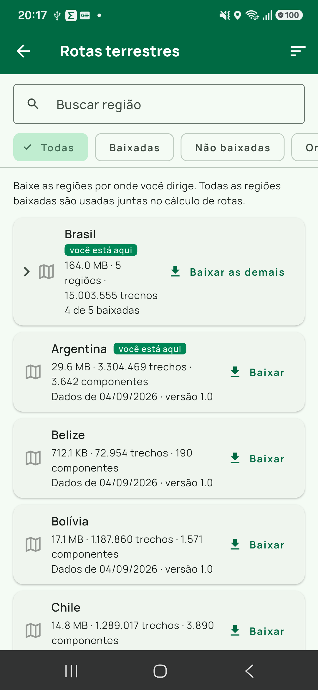 Tela Rotas terrestres: busca Buscar região, chips Todas / Baixadas / Não baixadas / Onde estou, cartão de grupo Brasil recolhido com 164.0 MB · 5 regiões · 15.003.555 trechos, 4 de
