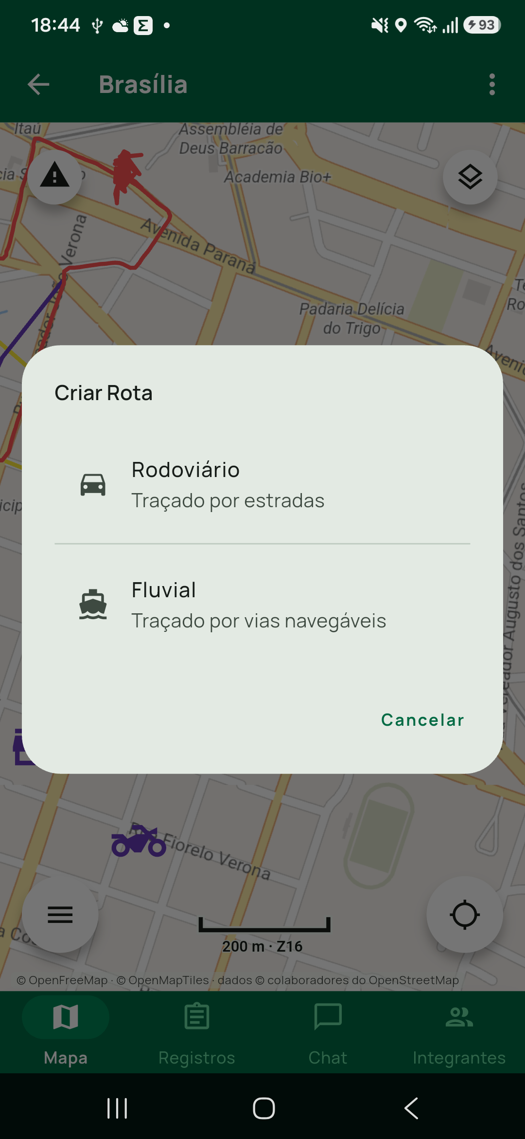 Diálogo Criar Rota com as duas opções: Rodoviário (Traçado por estradas) e Fluvial (Traçado por vias navegáveis), mais Cancelar.