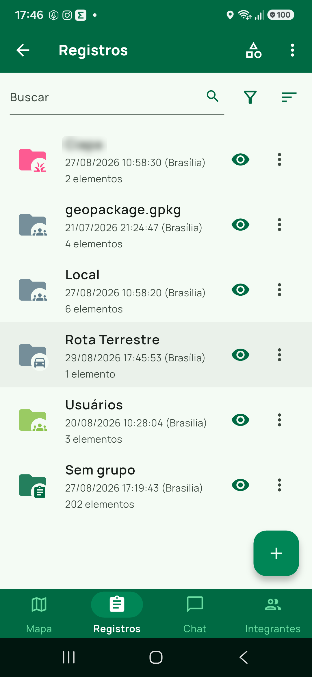 Aba Registros no eixo Grupos, com o grupo Rota Terrestre criado pelo salvamento, com 1 elemento e a hora da gravação.