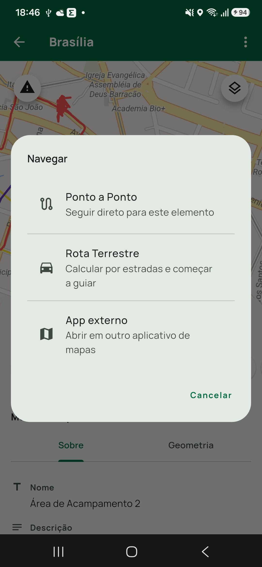 Diálogo Navegar de um elemento, com as três opções na ordem real: Ponto a Ponto (Seguir direto para este elemento), Rota Terrestre (Calcular por estradas e começar a guiar) e App e