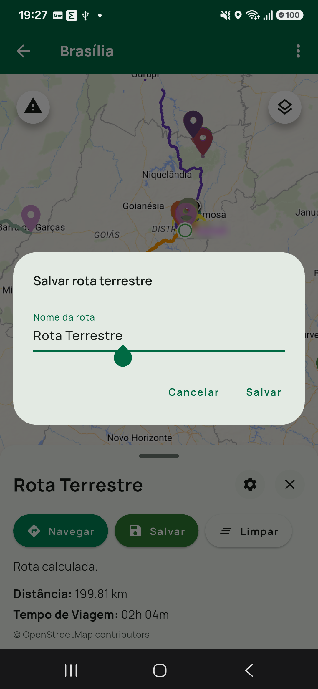 Diálogo Salvar rota terrestre com o campo Nome da rota já preenchido com o padrão Rota Terrestre, e os botões Cancelar e Salvar.