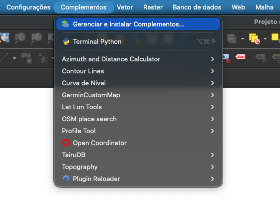 Menu de complementos do QGIS com opção de gerenciar e instalar complementos