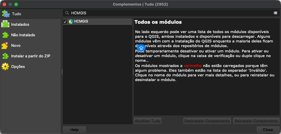 Janela de complementos do QGIS com busca por HCMGIS