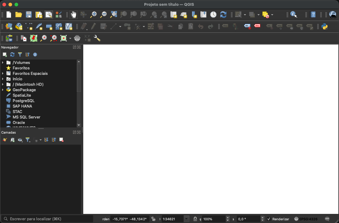 Tela inicial do QGIS com opção de criar novo projeto em branco