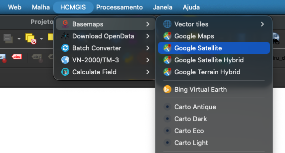 Menu HCMGIS Basemaps no QGIS