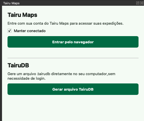 Tela inicial do plugin TairuDB com Entrar pelo navegador e Gerar arquivo TairuDB