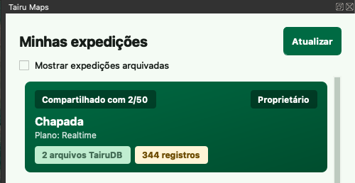 Lista Minhas expedições no Tairu Cloud mostrando a expedição Chapada