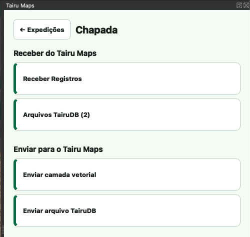 Detalhe da expedição Chapada no Tairu Cloud com Receber Registros, Arquivos TairuDB, Enviar camada vetorial e Enviar arquivo TairuDB