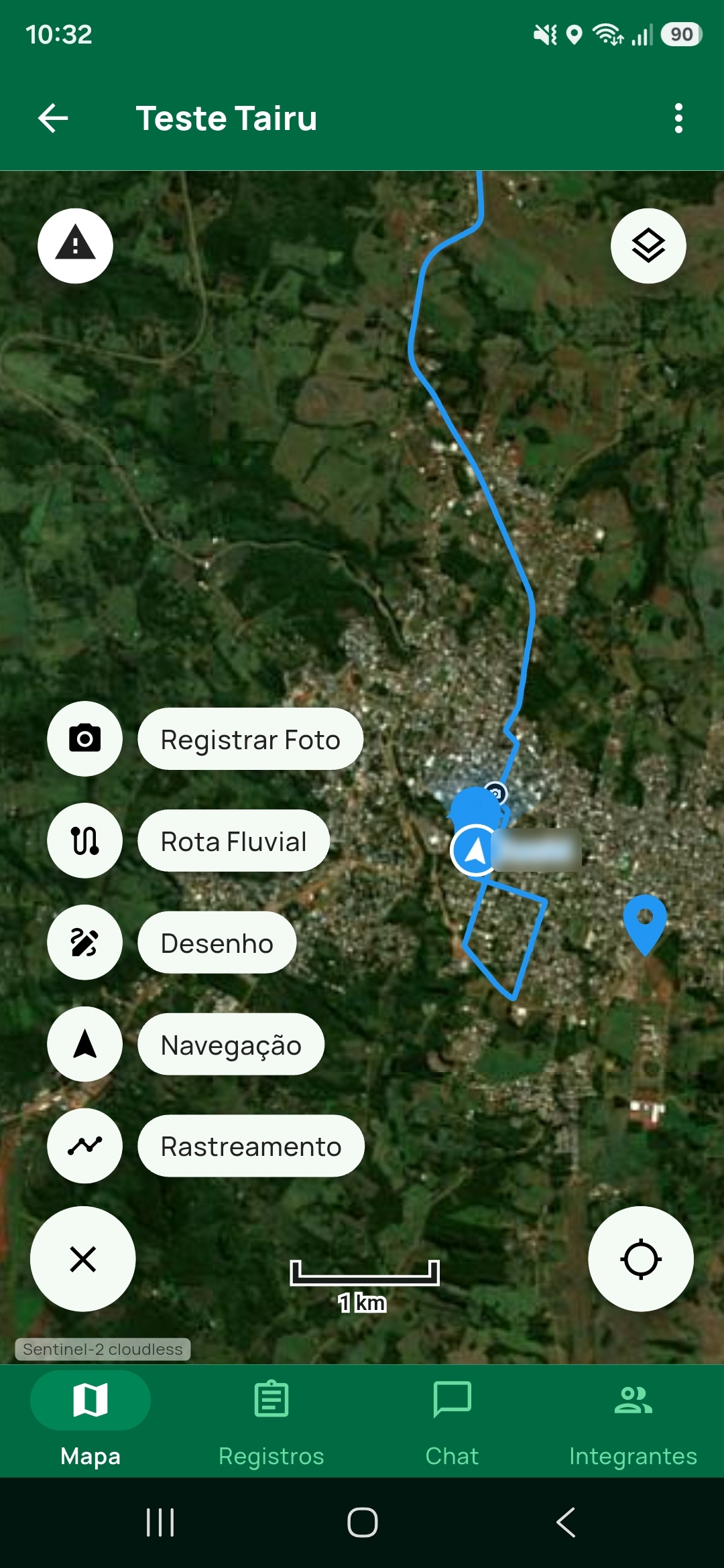 Mapa da expedição sobre imagem de satélite com o menu de ações aberto no canto inferior esquerdo, listando Registrar Foto, Rota Fluvial, Desenho, Navegação e Rastreamento.
