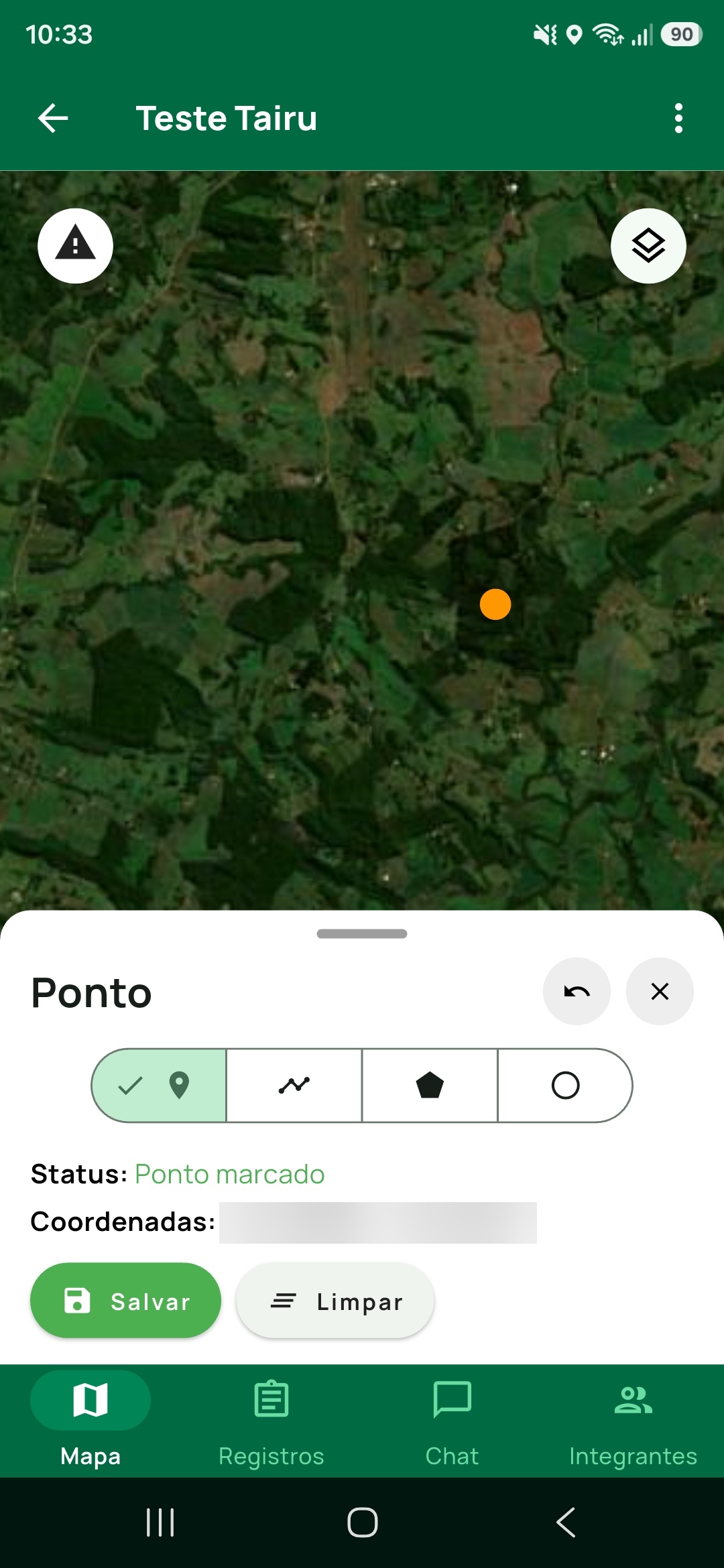 Modo de desenho aberto no mapa: painel inferior com os tipos ponto, linha, área e círculo, o status Ponto marcado e os botões Salvar e Limpar.