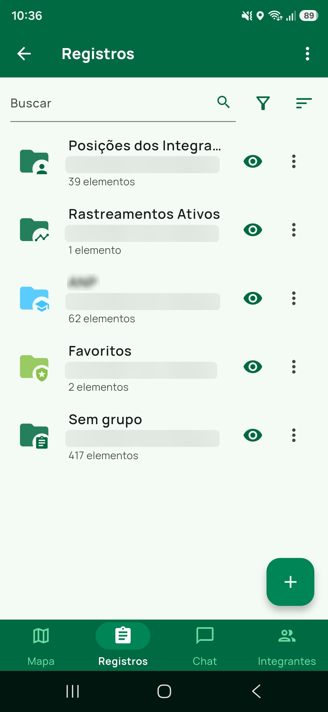 Aba Registros da expedição, com os grupos exibidos como pastas: Posições dos Integrantes, Rastreamentos Ativos, Favoritos e Sem grupo, além do botão de adicionar.