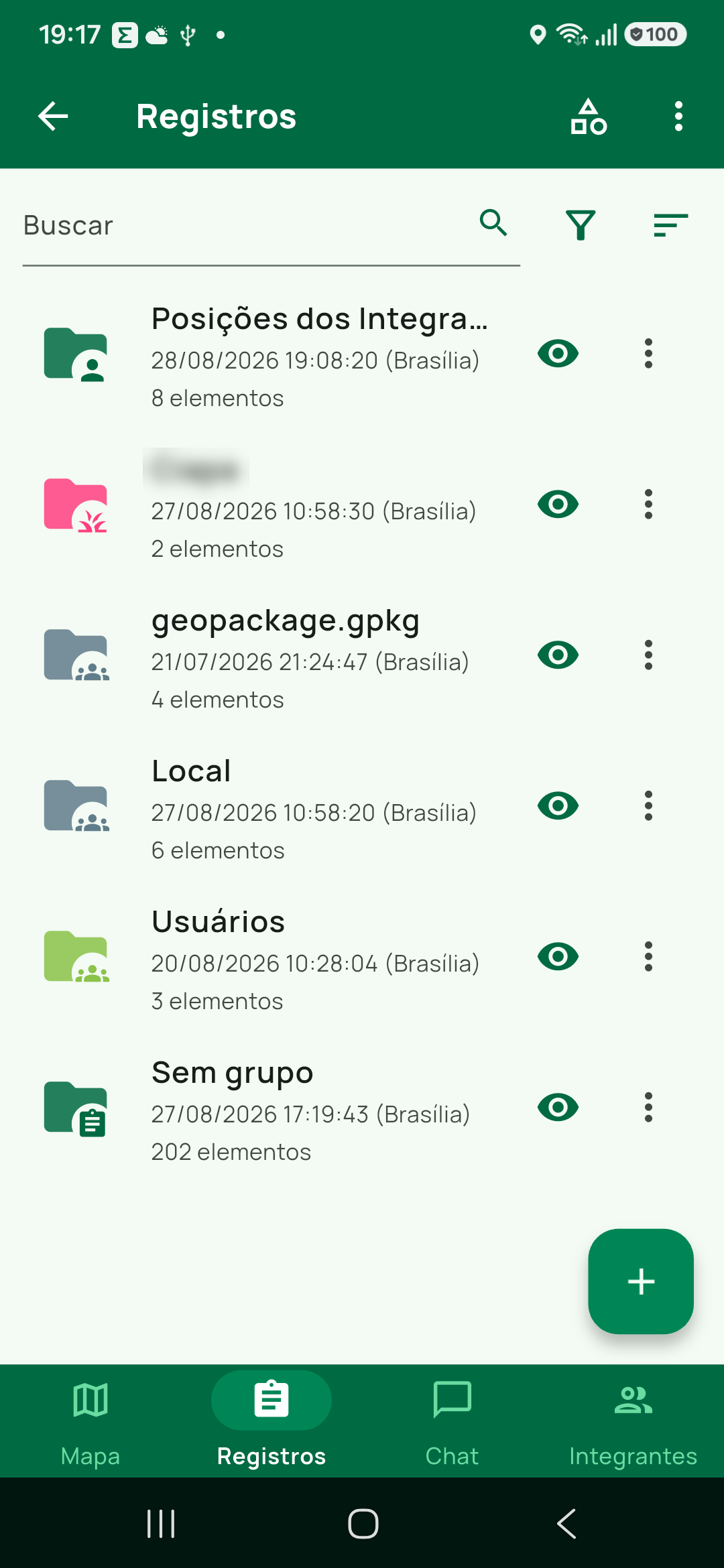 Aba Registros como ela é hoje: o gestor de elementos aberto no grupo Registros, com os grupos do usuário como pastas e a pasta Sem grupo. Datas operacionais preservadas; nome de gr
