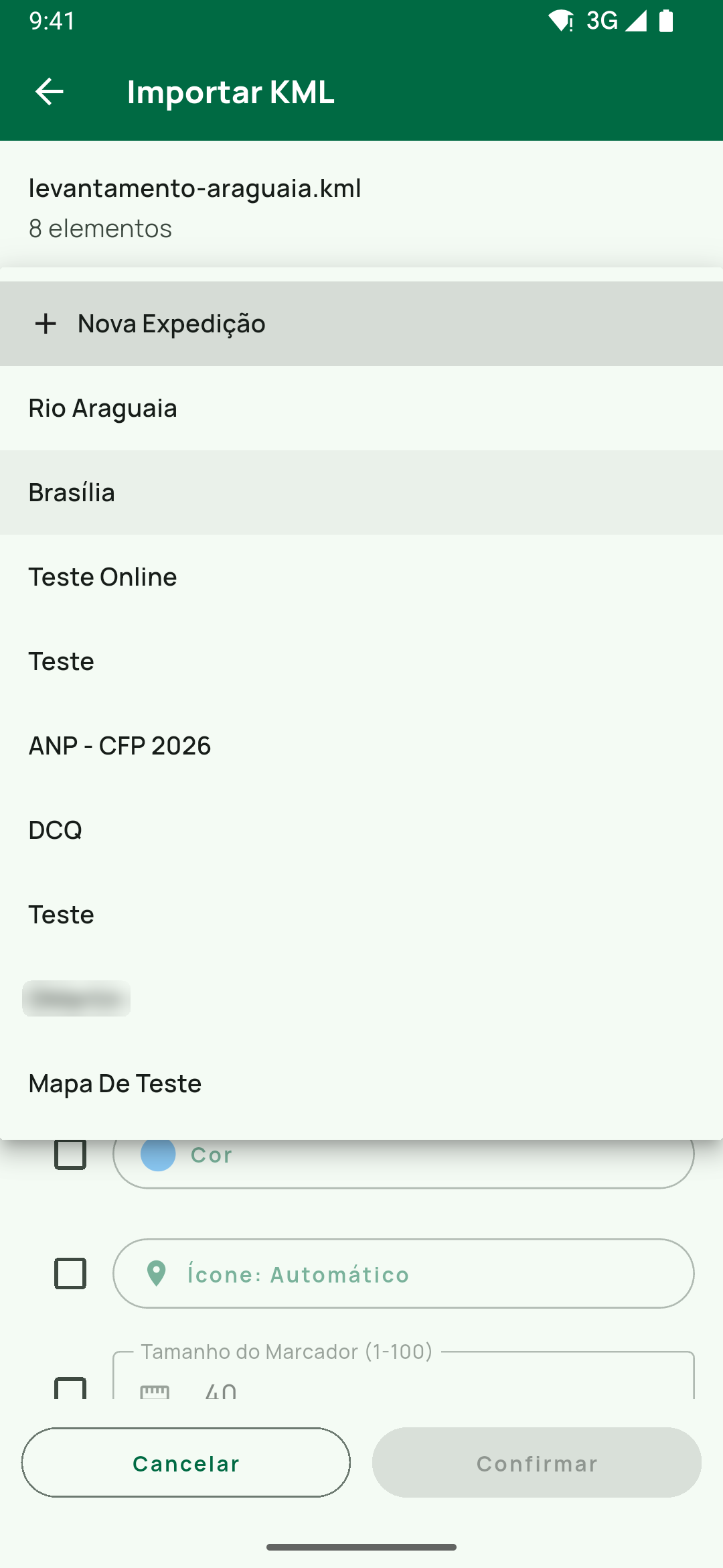 O seletor Expedição da mesma tela aberto, com + Nova Expedição no topo.