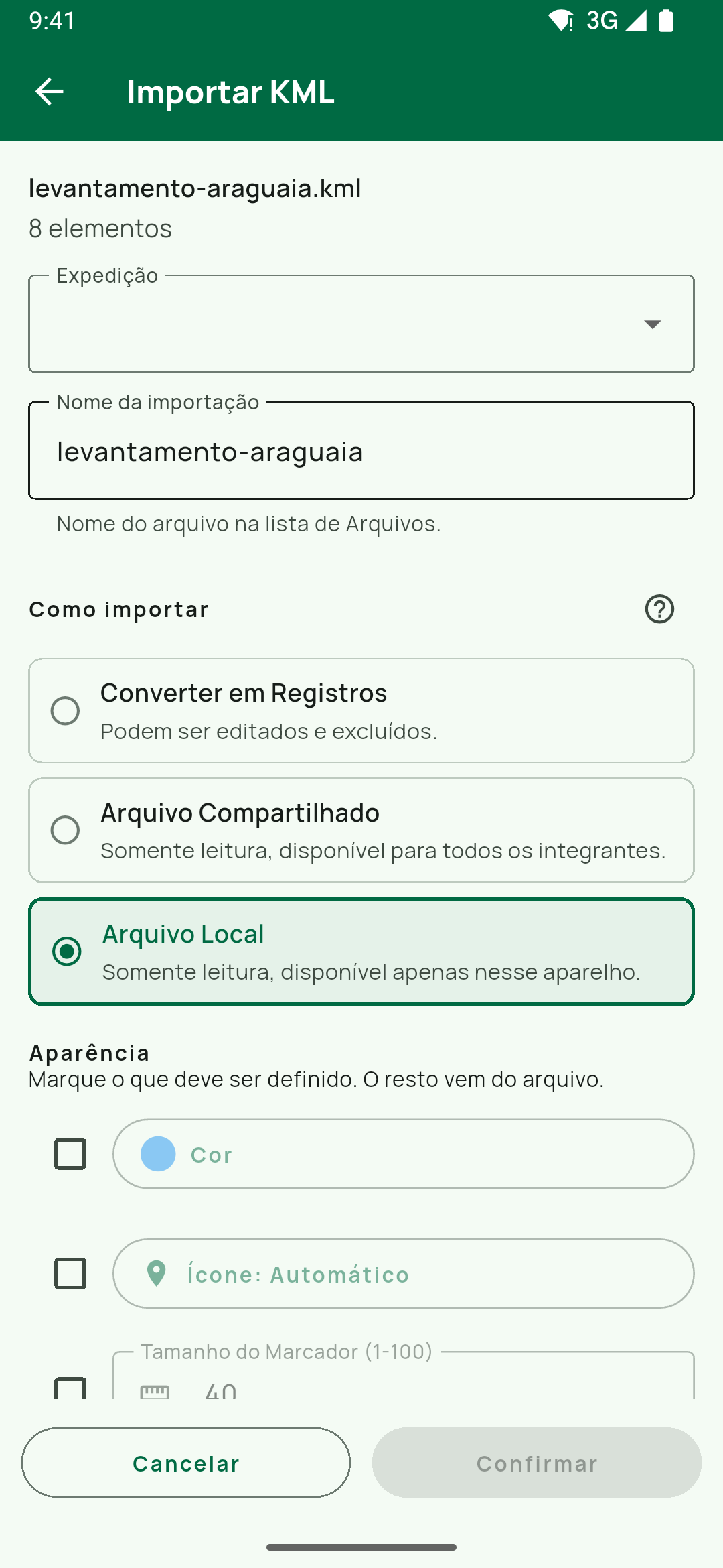 Tela Importar KML de um arquivo de fora do app: Expedição, Nome da importação, Como importar (Converter em Registros, Arquivo Compartilhado, Arquivo Local — marcado) e Aparência.