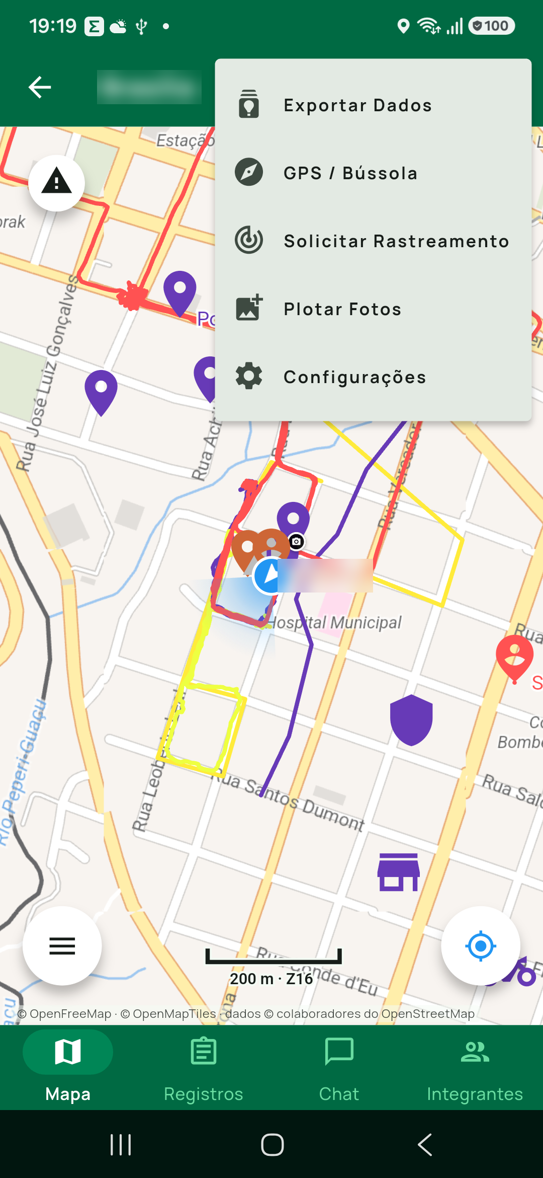 Menu ⋮ da expedição na aba Mapa, onde fica Exportar Dados.