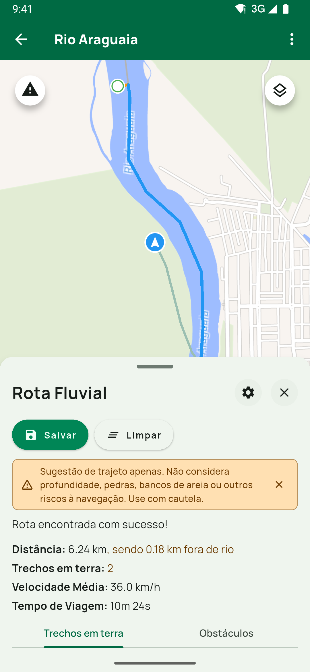 Painel Rota Fluvial com a rota calculada no Araguaia: Salvar e Limpar, Rota encontrada com sucesso!, Distância com o trecho fora do rio, Trechos em terra, Velocidade Média, Tempo d